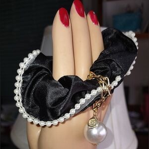 Black Satin Hair Tie w/ Pearl Embellishments